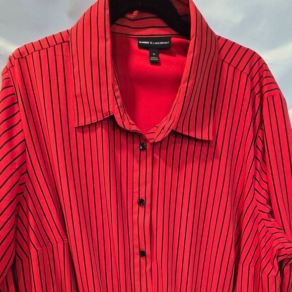 Glamour X Lane Bryant Button Up Dress 18 Red Black Pinstripe Elastic Waist - Picture 6 of 12